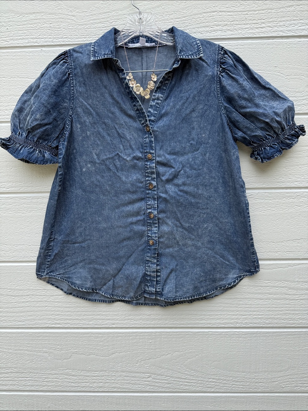 Washed Blue Denim Button-Down Puff Sleeve Shirt flowy and lightweight.